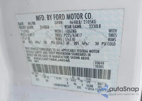 2008 Mercury Mariner Premier z USA, uszkodzony, nr VIN 4M2CU97168KJ46045